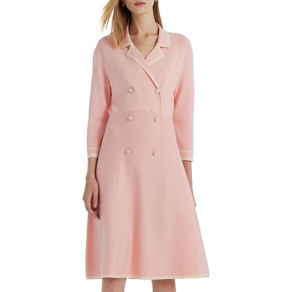 Women Pink Button up 3/4 Sleeve Knit Dresses for Teacher Work Business - Picture 1 of 9